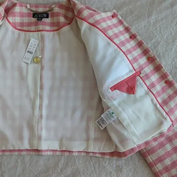 J Crew Louisa Lady Jacket in Pink Gingham Terry Tweed w/ Gold Buttons Size 8 - Picture 10 of 11